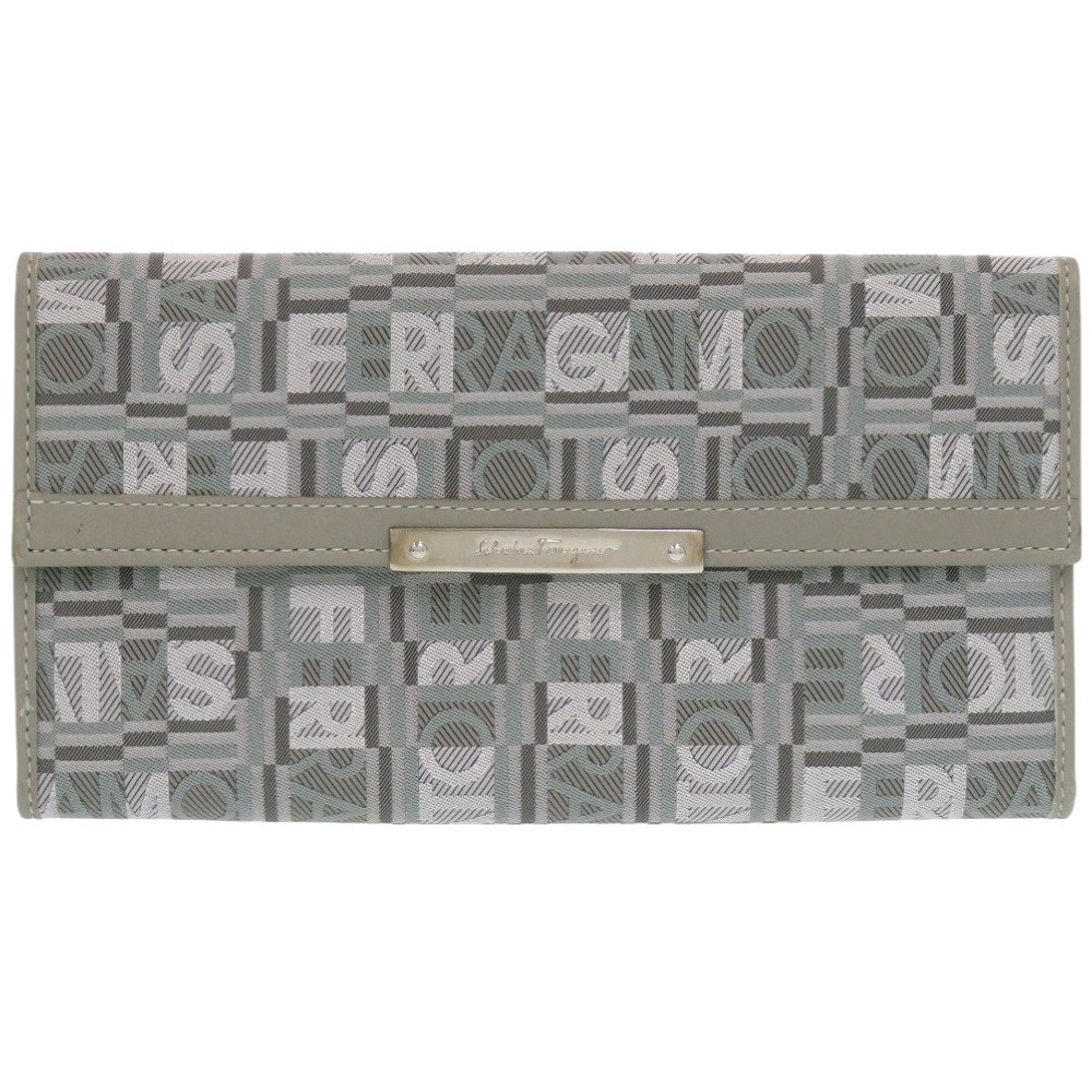 美品 サルヴァトーレフェラガモ JV-22 8249 長財布 レザー/キャンバス/レザー グレー 0072【中古】Salvatore Ferragamo レディース