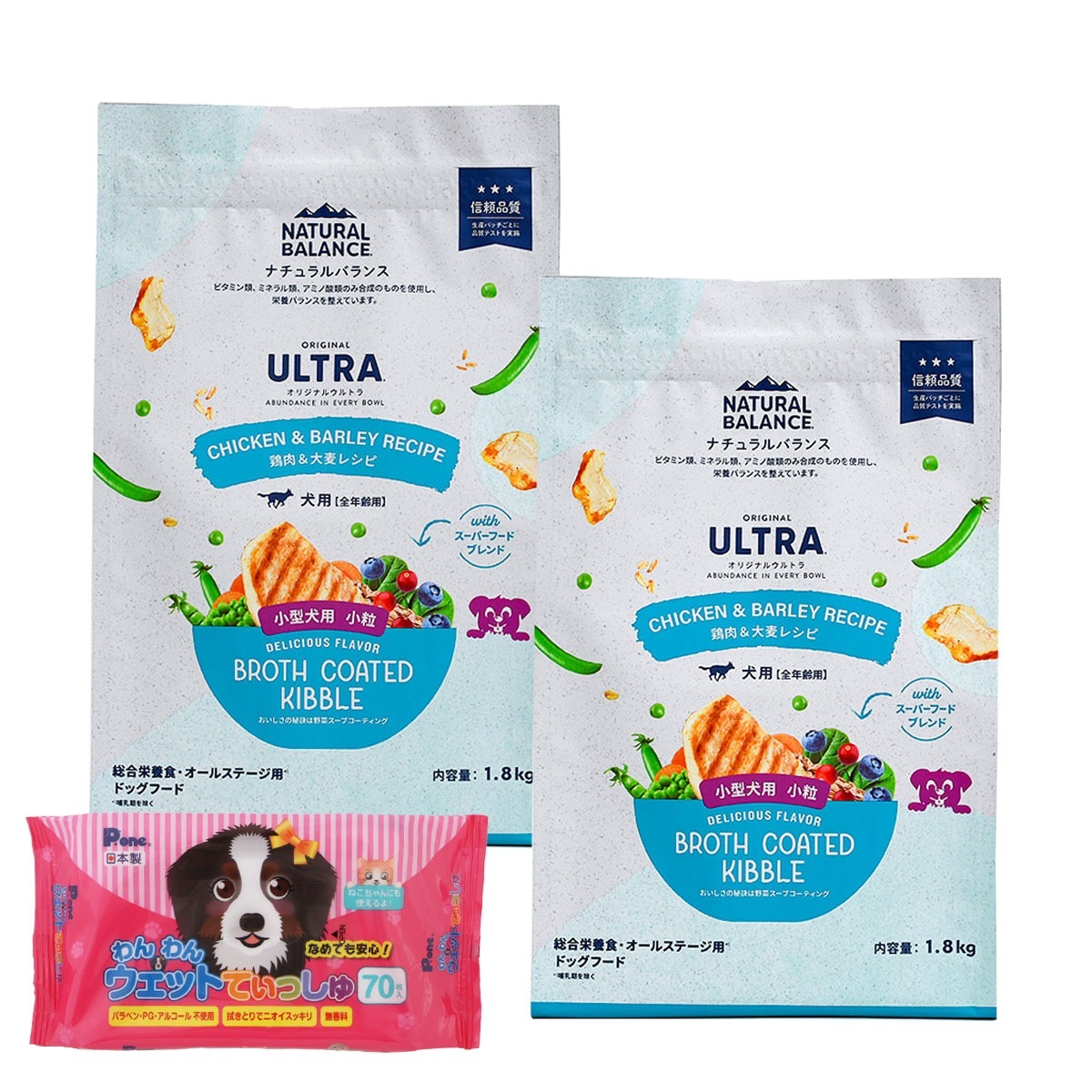 オリジナルウルトラ 犬用 全年齢用 鶏肉&大麦 小粒1.8kg×2袋【わんわんウエットてぃっしゅ1個付き】