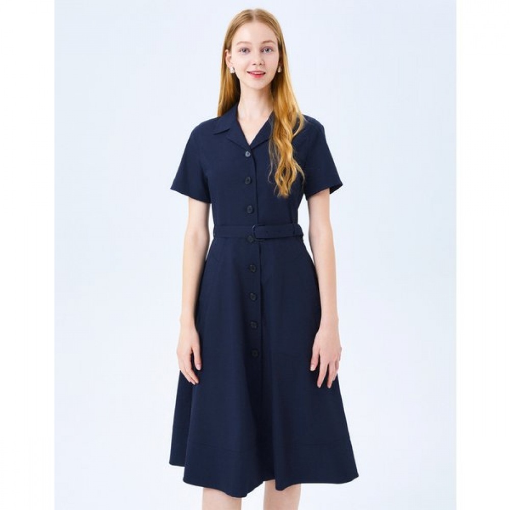 Linen ネイビーストラップリネン混紡半袖ワンピース HSDR4B409N2