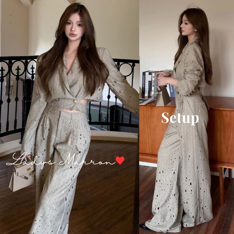 限定セールセットアップ レディース パンツ かっこいい 個性的 かわいい 同窓会 成人式 二次会 ペイント パンツ スーツ 絵の具 模様 ツーピース 上下セット ドット ストライプ Vネック 春 秋