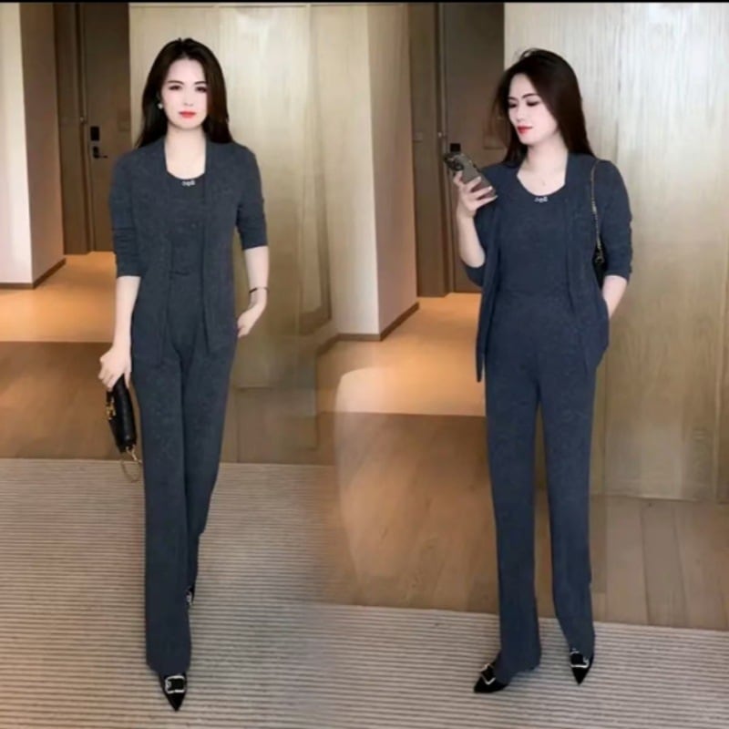 カジュアルスーツ女性秋洋気減齢カーディガンベストワイドパンツ3点セット