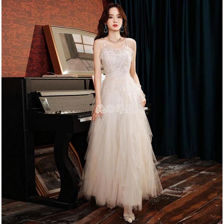 レディースイブニング キャミソールワンピース　シャンパンカラーウエディングドレス フォマールドレス 森系 きらきらパーティードレス 二次会 お呼ばれ フ30%までに制限