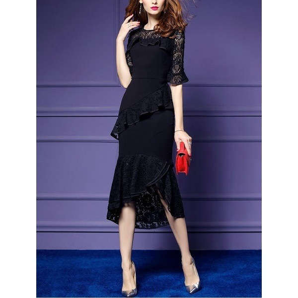 1414.レースフィッシュテールドレス（ブラック） パーティーワンピース ドレス フリル 結婚式 二次会 卒業式 5分袖 タイトスカート ひざ下 ミモレ丈 2019 春夏 sale 女子会