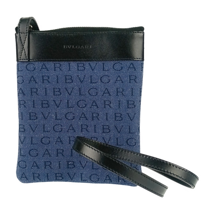 新古未使用展示品 BVLGARI ブルガリ ショルダーバッグ ロゴマニア フラットポーチ 21528 デニムブルー ブラック シルバー金具 キャンバス カーフレザー レディース【本物保証】