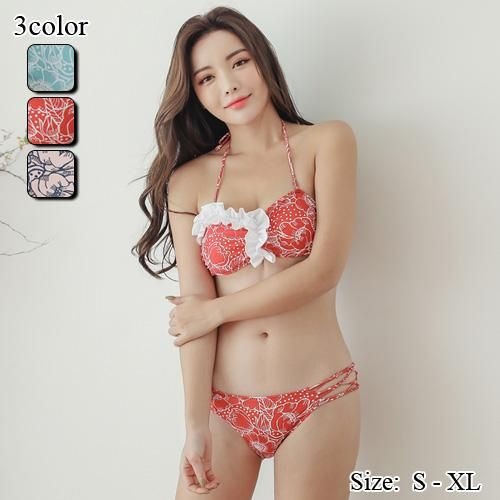 【グラシア】 水着 バンドゥ レディース ビーチウェア スイムウェア 流行 海 プール アシンメトリー バックリボン ストリング フリル リボン バンドゥ ビキニ 大人 グリーン レッド ピンク S