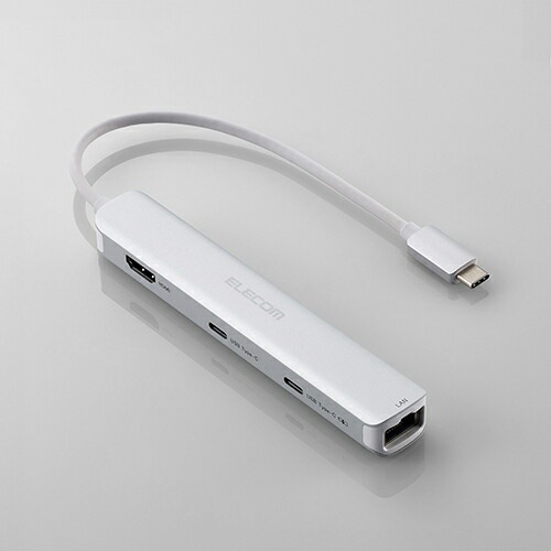 Type-C ドッキングステーション スリムタイプ 6in1 充電専用 USB-C×1 USB-C×1 USB-A×2 HDMI×1 LANポート付 シルバー