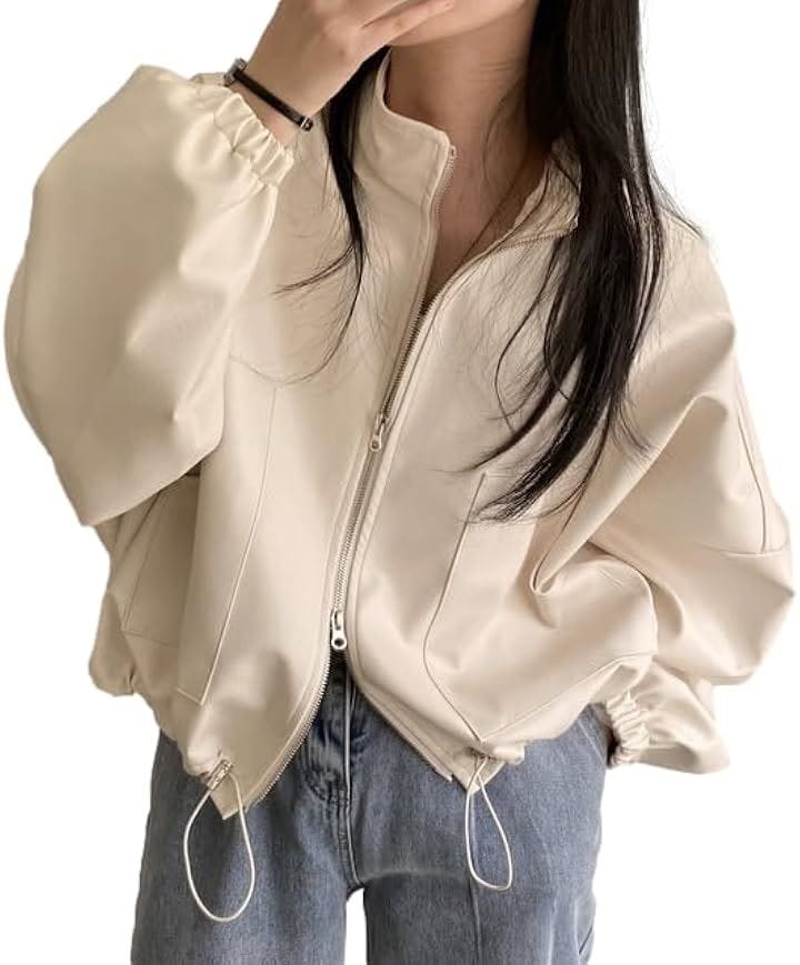 ジェイスコット ルーズフィットブルゾン フェイクレザージャケット ボリューム袖 ジップアップ 裏地有(ホワイト, L)