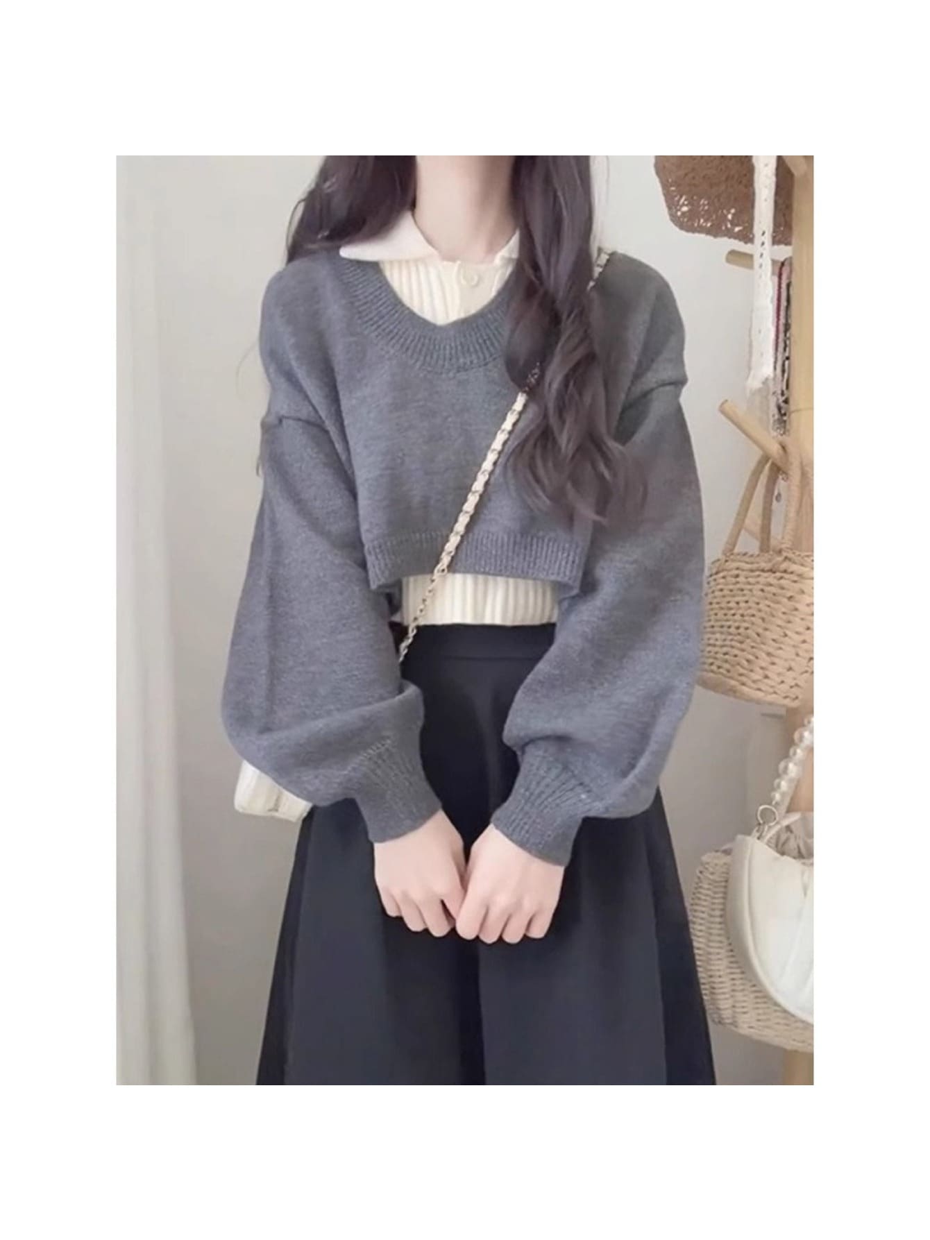 【商品名】カラーブロックセーター レディースニット ブラウス レディースシャツ ラウンドネックプルオーバー 長袖 デザイン クロップド丈 カジュアルスタイル 可