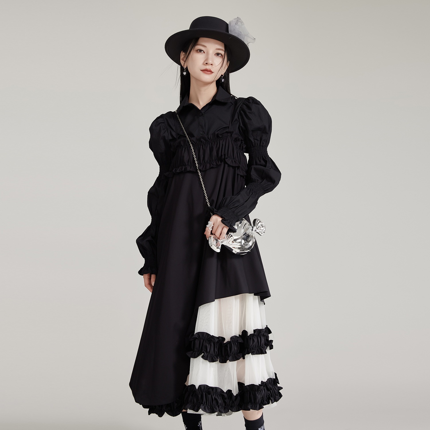 【J.Fashion】 ワンピースセット ブラウス+キャミワンピース チュールドッキング 秋 個性的なデザイン 関連商品は店で購入可能 メガ割