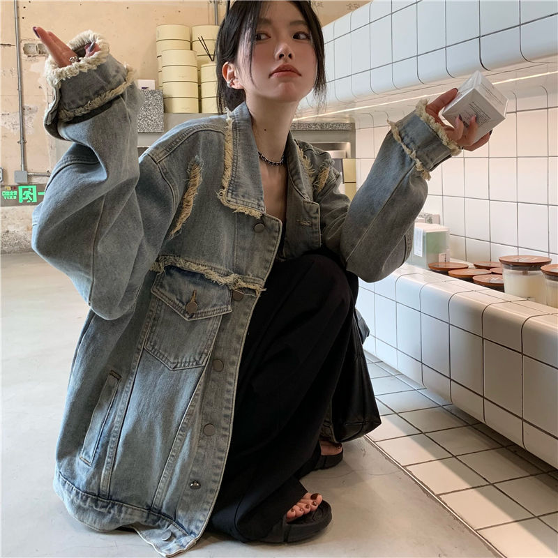 太mmプラスサイズ洋ナシ型ボディウェアアメリカンレトロローエッジリップデニムジャケット女性用秋ルーズジャケットトップ
