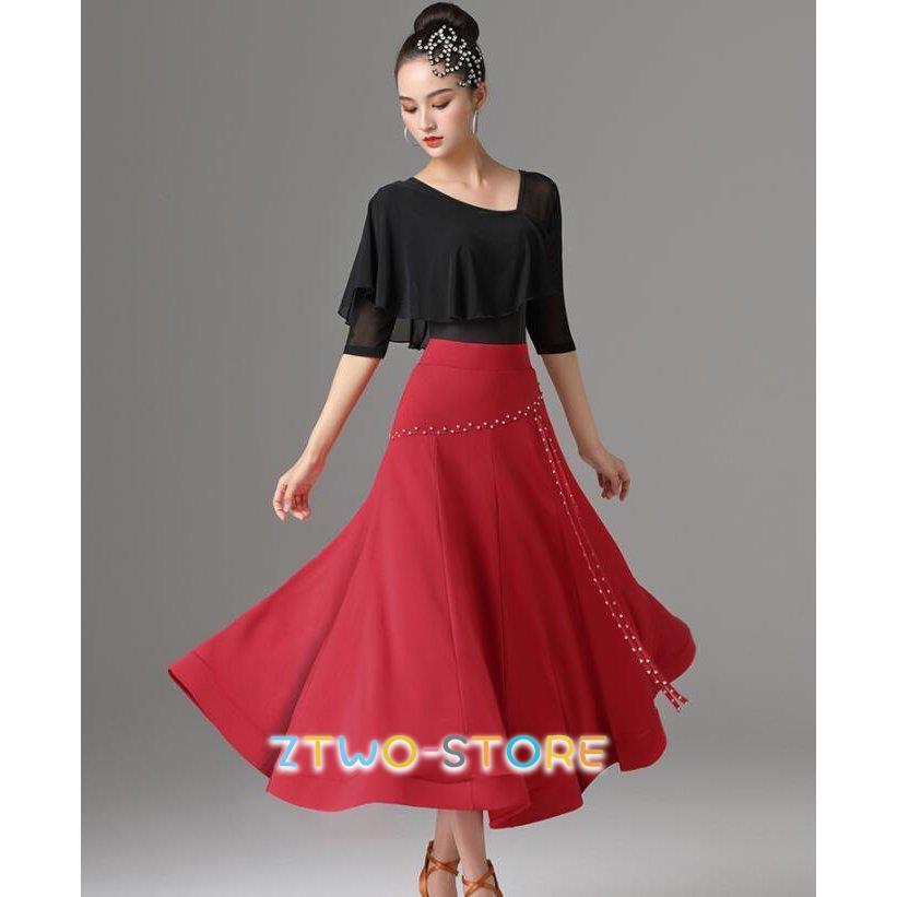 新しい子供用ダンスウェア 社交ダンス モダンダンス衣装 トップスとスカート2点セット ワルツ専用 ロングスカート広く裾 ルンバ サンバ 練習競技着デモ用 スタンダード発表会用演出服 2枚購入で2471