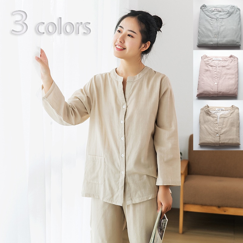 二重ガーゼ ルームウェア 快眠パジャマ レディース ペア 綿100% 襟なし 九分袖 長袖 長ズボン 春夏秋冬 哺乳 敏感肌 高齢者 ふんわり ナイトウェア 前開き 上下セット 部屋着 入院 敬老の日