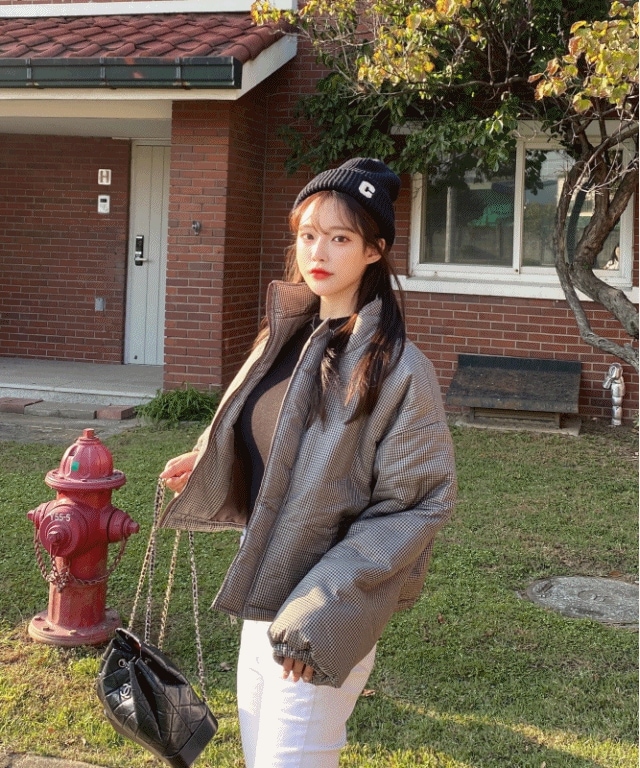 チェック ストリング ショート クロップ ダウン ジャンパー 細かいチェック グレンチェック