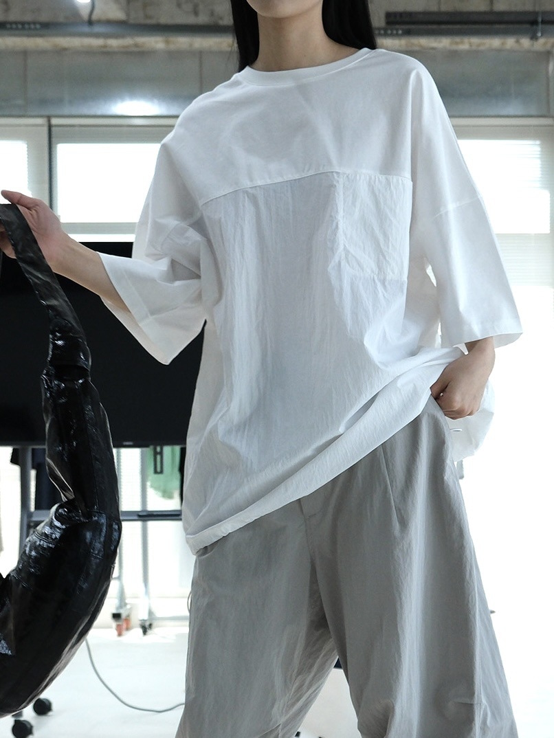 夏新作 日本製 ストリート ダラダラ ナイロン スプライシング Tシャツ ゆったり シルエット 軽量 快適 ゆったり カジュアル