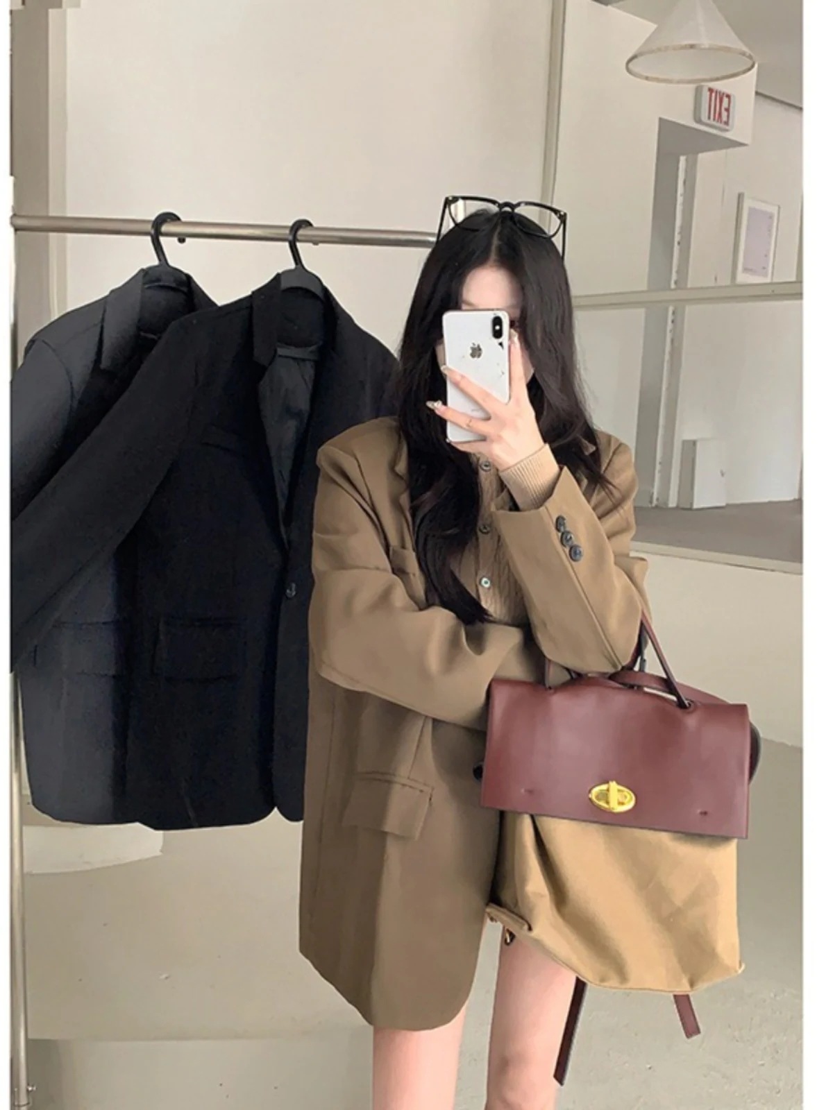 25 韓国っぽ 可愛い テーラードジャケット 長袖 ミディアム丈 スラックスアウター おしゃれ かわいいシルエットカジュアル ゆったり サイズオフィ L通勤学生ファッション レディース