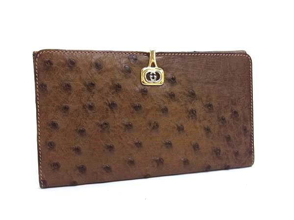 財布 オールドグッチ オーストリッチ 035 001 0091 ロゴクリップ 二つ折り 長財布 ゴールド金具 ブラウン ロングウォレット サイフ 長サイフ 小銭入れ【本物保証】