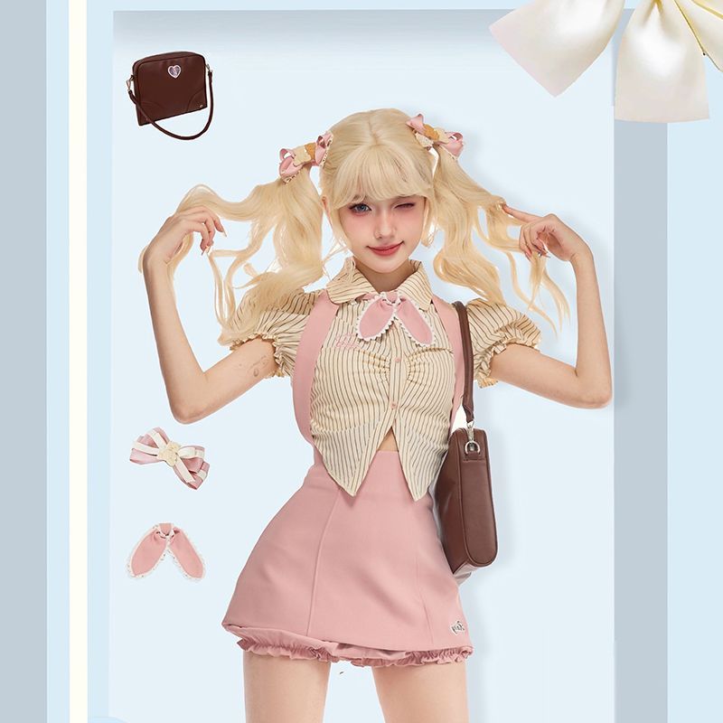 女の子ココナッツクッキーカールラビットサマーストライプ半袖シャツトップスピンクストラップショートスカート2点セット女性