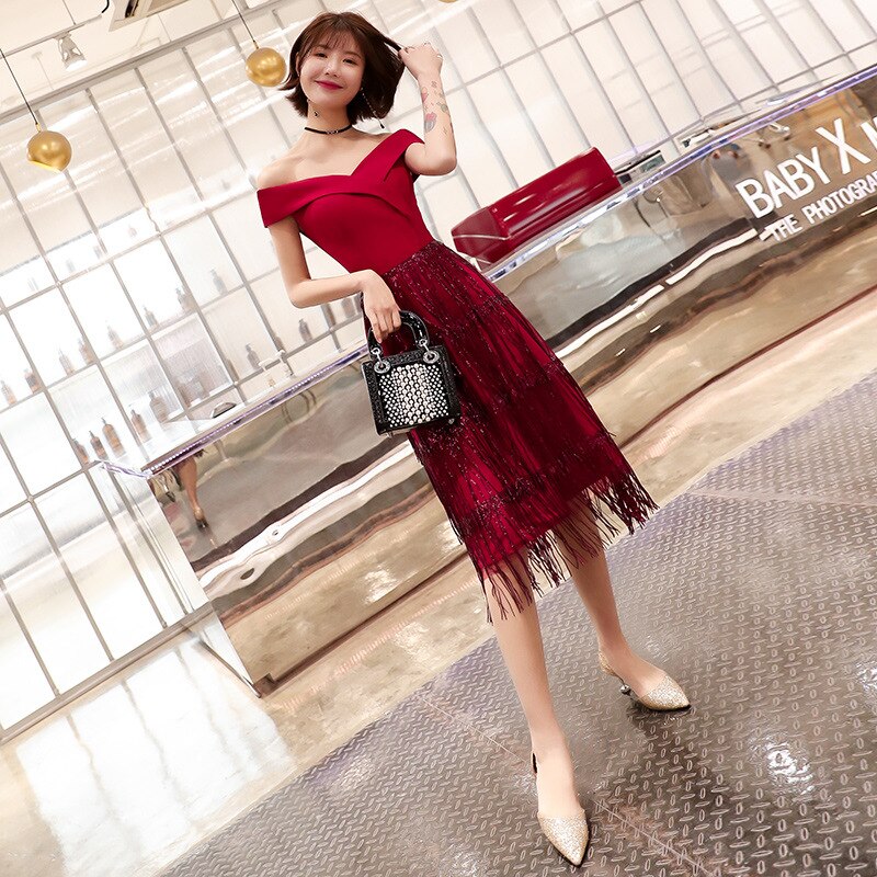 今年の新作から定番まで ウエディングドレス 結婚式 ドレス パーティードレス ロングワンピース ドレス 結婚式娘敬酒服夏字肩セクシー赤色中長顕やせ結婚イブニングドレス ロングドレス パーティードレス ドレス サイズ Xl Www Pulse Orange Cm