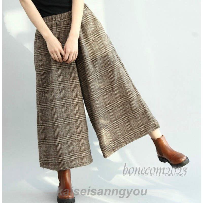 本日の限定商品 レディース ボトムス チェック ワイド パンツ スカンツ レトロ ウエストゴム 秋冬 カジュアル キュート 大人可愛い ゆったり 休日コーデ お出かけ デート デイリレディース ボトム