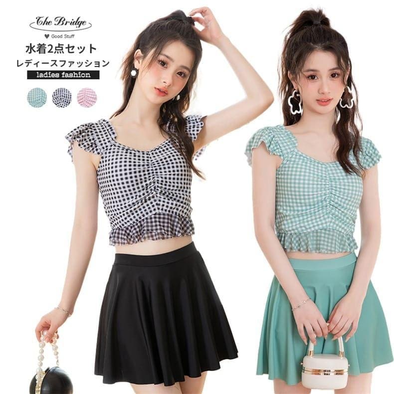 【新品】水着 可愛い レディース 10代 20代 高校生 セパレート チェック柄 ピンク グリーン 黒 タンクトップ 体型カバー 女子水着 セットアップ ショーツ付き フリル 大