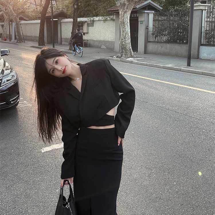 スーツセットアップダーク風ブレザー＋スカートスーツデザイン感2点セット