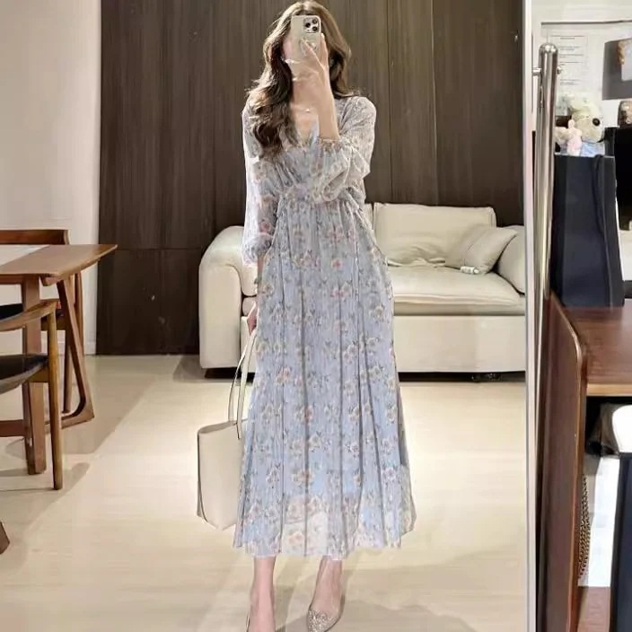 人気 ロング 2025早春新作優しい花柄ウエスト長袖ゆったりストラップミディ丈
