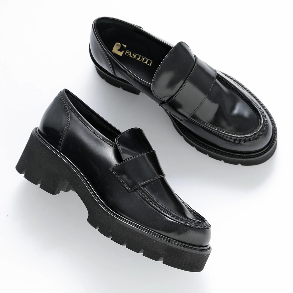 PASCUCCI パスクッチ ローファー 3012 レディース チャンキーヒール 厚底 レザー シューズ 軽量 革靴 NERO