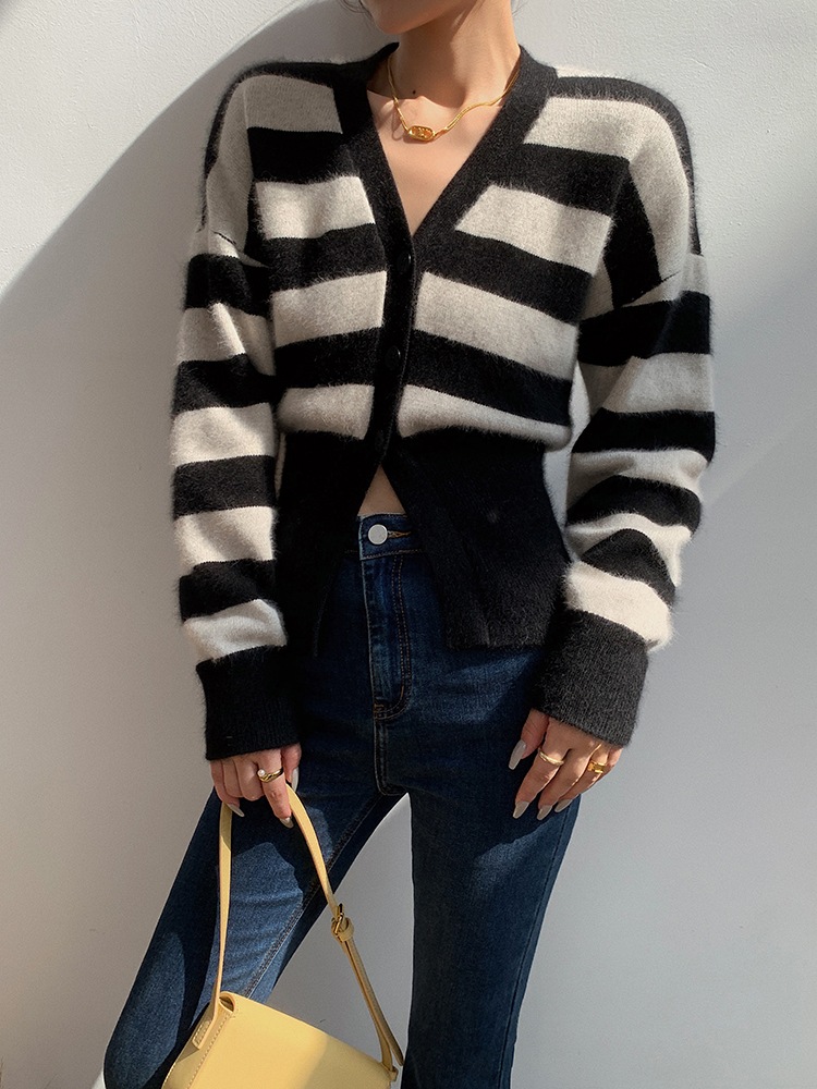 レディース ファッション ストライプ V ネック ニット カーディガン 女性 秋 ボトムス セーター オールマッチ トップ トレンド ＳＭＬXL トップス 袖あり かわいい 大人可愛い きれいめ