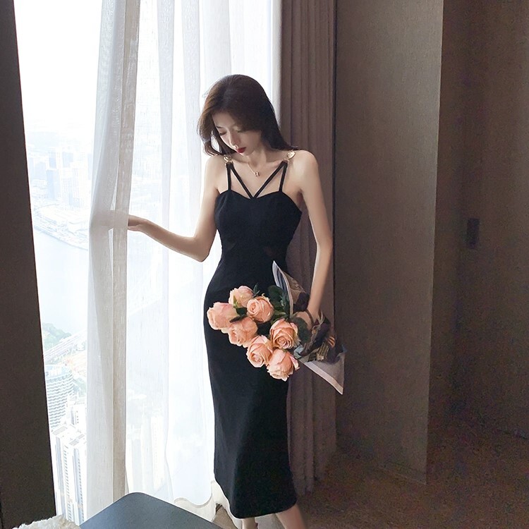 ワンピース ミモレ丈ドレス キャバ ワンピ ブラックドレス ワンピースドレス セクシードレス 膝下 ミモレ丈 袖なし スレンダー スリム 細身 切り替えデザイン 透け感 シースルー 胸元 大人可愛い