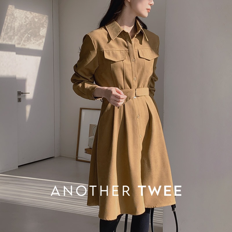 [top0614] 韓国ファッションコーデュロイカラーシャツワンピース