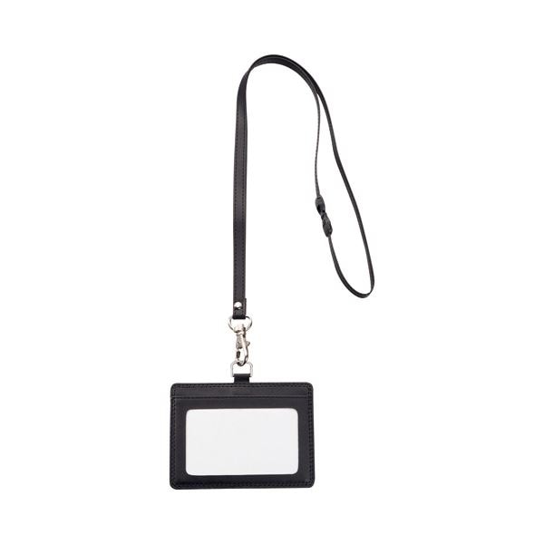 （まとめ） TANOSEE 合皮製ネームカードホルダー ヨコ型 ストラップ付 ブラック 1個 (×10セット)