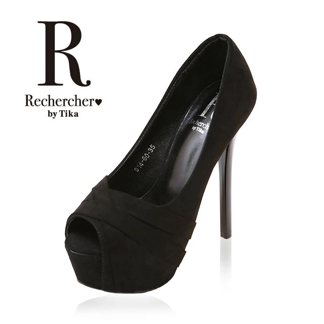 キャバ ヒール キャバ パンプス 歩きやすい キャバ サンダル 大きいサイズ Rechercher ルシェルシェ スエードクロスデザイン オープントゥ パンプス ブラック 黒 14cmヒール 厚底 ピ