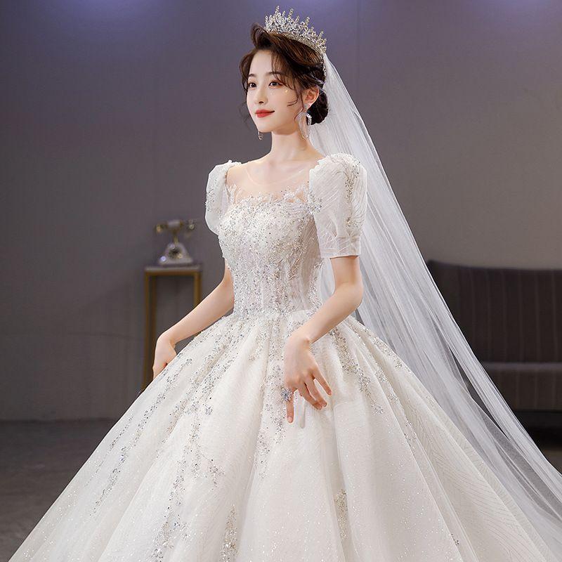 ウェディングドレス パフスリーブ プリンセスドレス 白 結婚式ドレス ビーズ スパンコール 高級感 トレーンドレス 花嫁ドレス 立ち襟 ウェディングドレス 袖あり