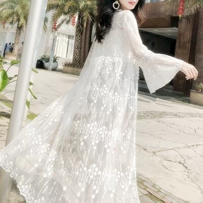 トップス カーディガン ロング丈 袖あり 長袖 フレア レース 透け感 かわいい 可愛い きれいめ シンプル カジュアル 上品 おしゃれ かっこいい 可愛い 女子 こなれ感