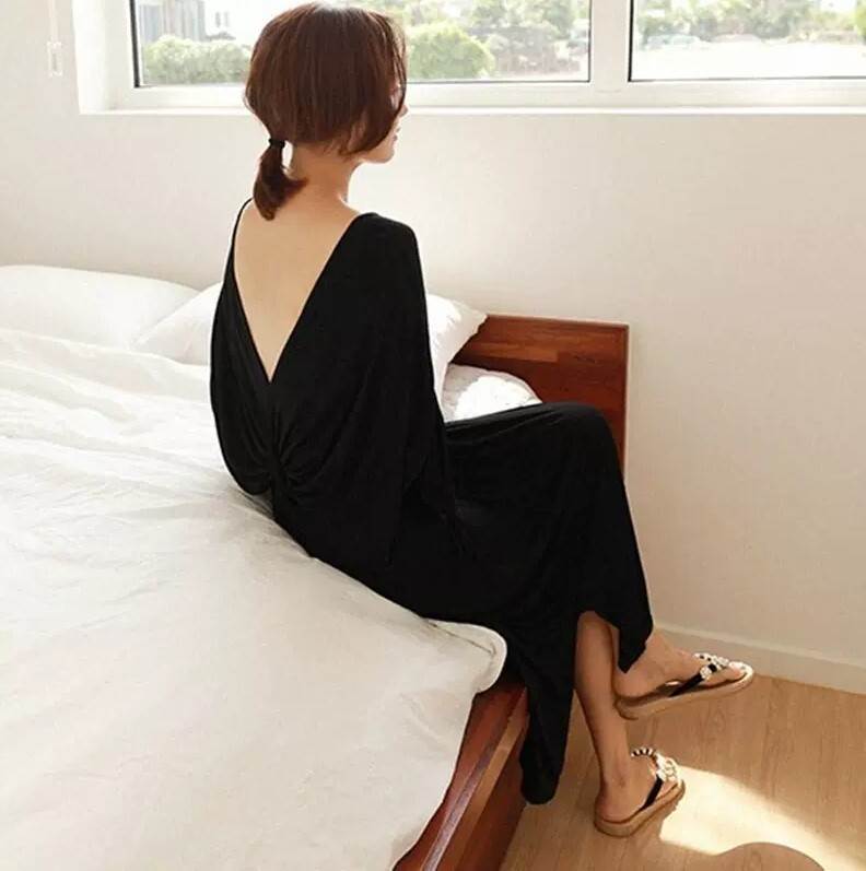 ワンピース バックオープン 背中見せ ドレープ 膝下 ミモレ ミモレ丈 ロング ロング丈 袖あり