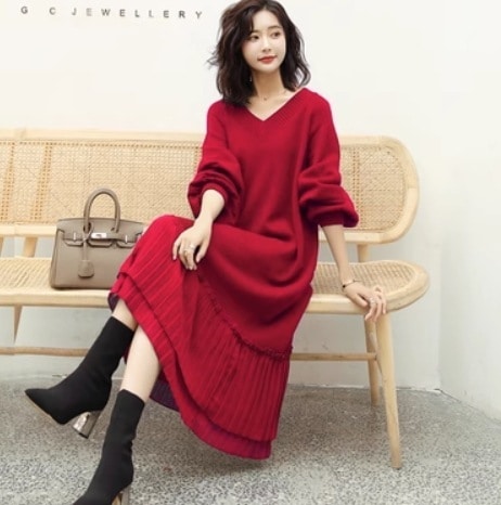 ワンピース デート モテアイテム ニットワンピ ロング丈 長袖 Vネック ウール 可愛い きれいめ 上品 おしゃれ かっこいい 可愛い ラブリー キュート ガーリー クール モード系 セクシー