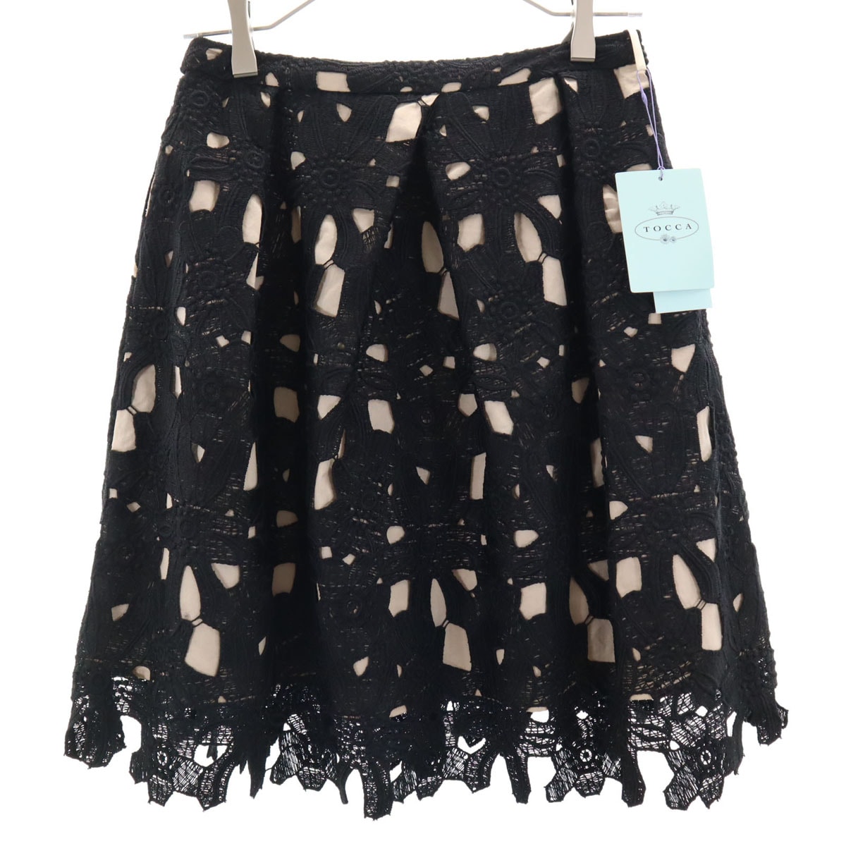 未使用 花柄 ミディ丈 総レース フレアスカート 2 ブラック レディース 古着