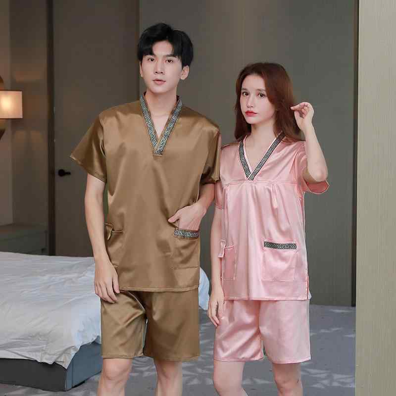 サウナ服 パジャマ ルームウェア メンズ レディース サテン 入浴 大きいサイズ マッサージ ピンク ブラウン