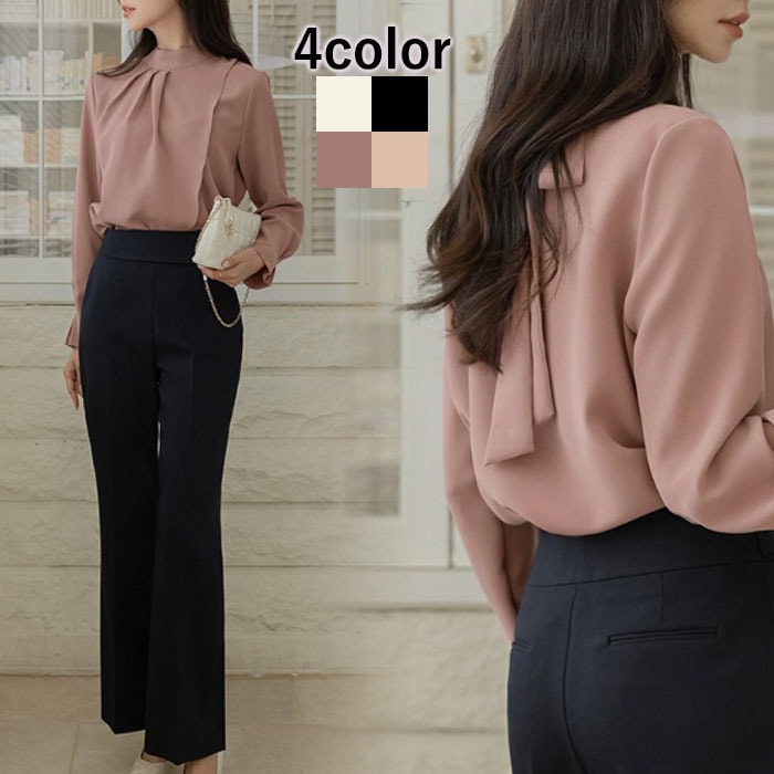 ブラウス レディース 秋冬 ボウタイリボン バックリボン 長袖