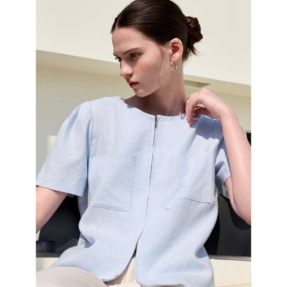 アムールモイエールリネンジッパーブラウスライトブルー amr1802シャツ・ブラウス