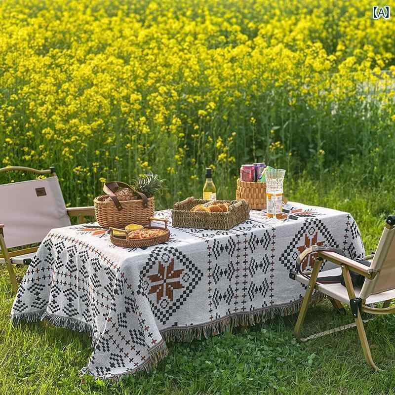 テーブルクロス レトロ 汚れ防止 机カバー 布 雑貨 屋外キャンプ ピクニック おしゃれ 北欧 コットン リネン 幾何学模様 フリンジ ベージュ 白