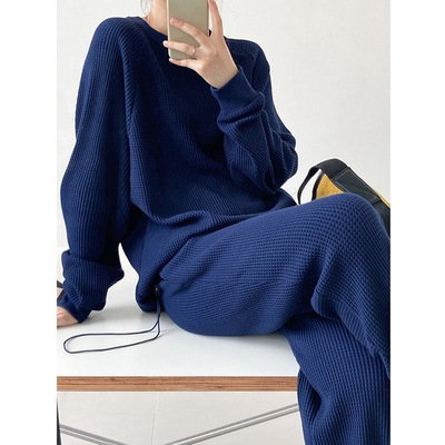 トップス ボトムス パンツ レディース 長袖 セット ルームウェア かわいい 大人可愛い きれいめ カジュアル おしゃれ ワッフル オールシーズン ママ ブルー カーキー グレー セットアップ