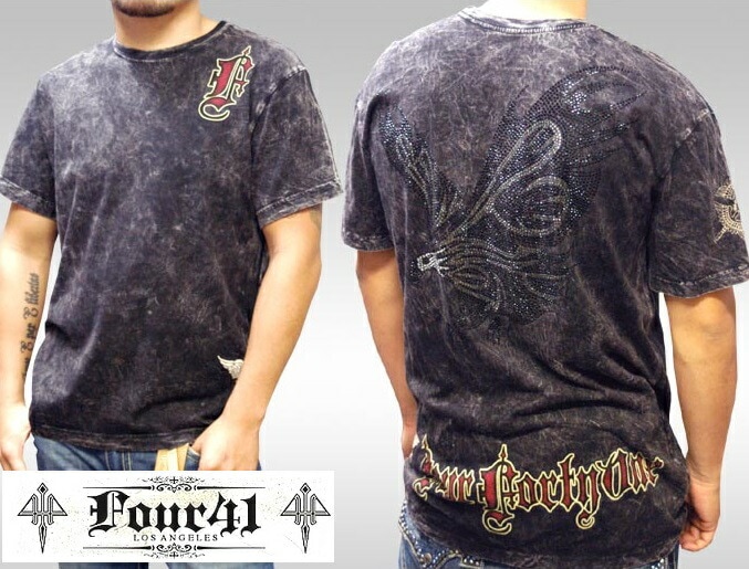 Four41 Los Angeles フォーフォーティーワン メンズ ラインストーン Tシャツ フライング イーグル ブラック M-11 スワロフスキー インポート セレブ ブランド ストリート LA