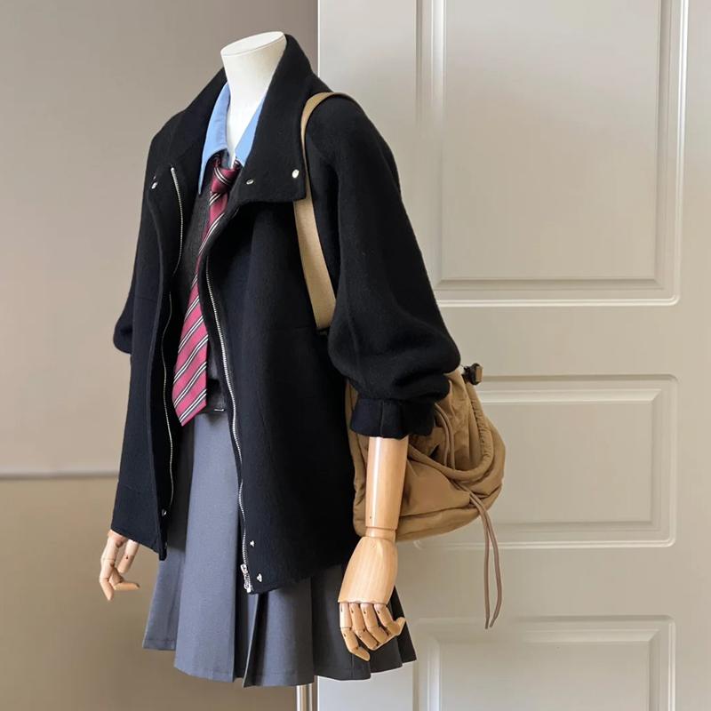 秋冬 コーデ レディース ファッション オシャレ 服 カワイイ シンプル 大人カワイイ 大きいサイズ 黒 ウール コート ハイエンド 韓国スタイル