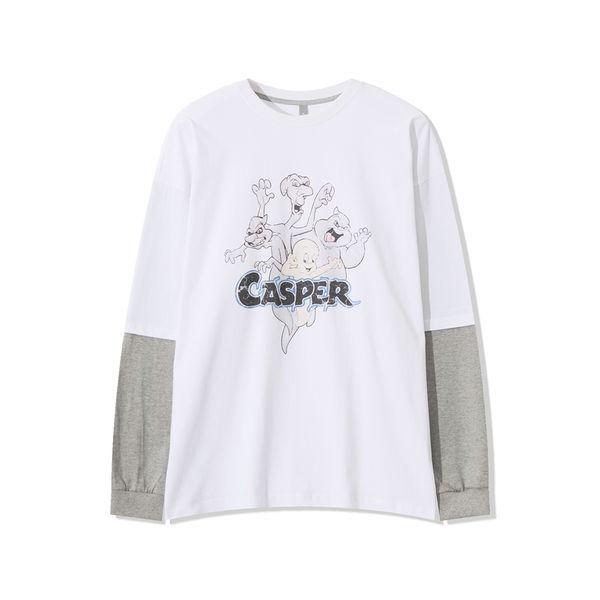 メンズゴーストプリントレイヤード長袖Tシャツ AC TSA Q062 アイボリー_P406187284