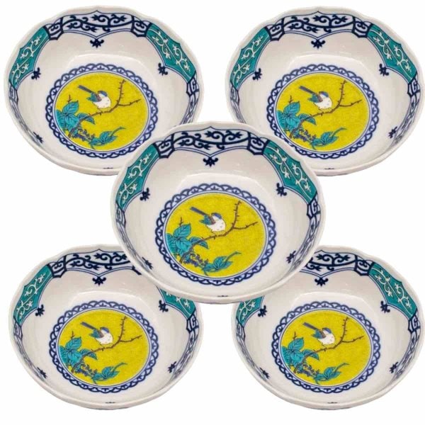 九谷焼 4.7号鉢揃 染付間取吉田屋風花鳥 5枚セット 鉢 おしゃれ