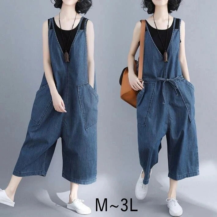 サロペット オーバーオール オールインワン デニムサロペット　サロペットガウチョパンツ ボトムス　9分丈 ロング丈 デニム　ノースリーブ オーバサイズ　大きめ 春 夏　 M L　2L 3