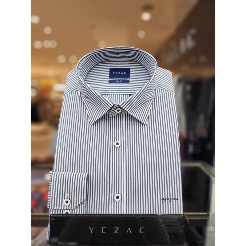 AK平沢店シャツ コットン混紡ストレッチ ロンドンストライプ スリムフィットシャツ ネイビー