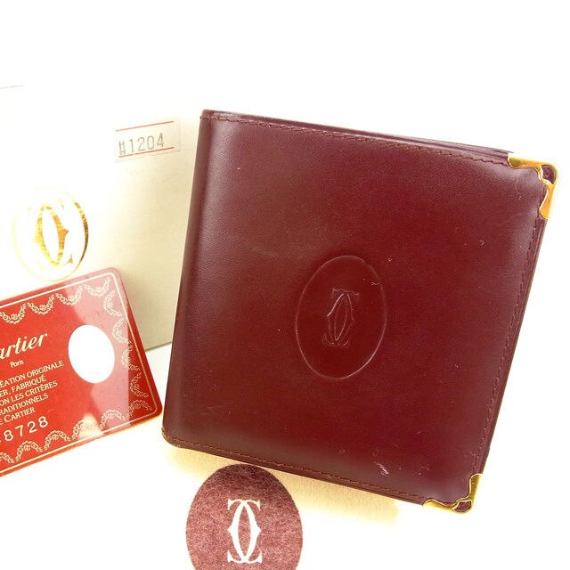 二つ折り財布 /コンパクトサイズ ロゴ /マストライン ボルドー ゴールド 中古