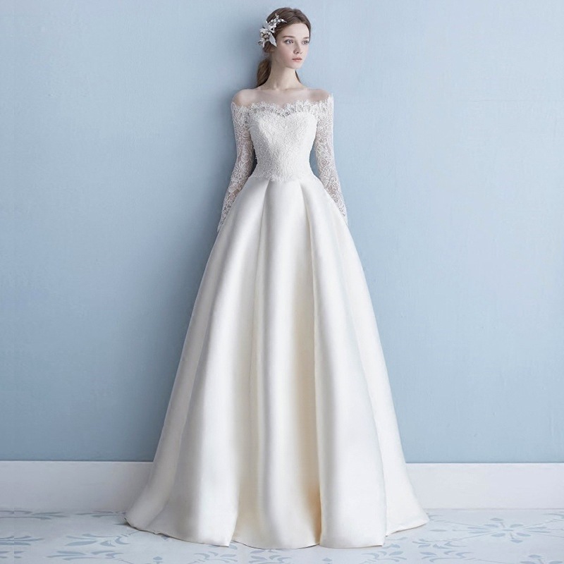 ウエディングドレス 長袖 ワンショルダー 安い トレーン付き 秋冬 結婚式 二次会 プリンセス エンパイア 花嫁 ドレス 披露宴 ロングドレス ブライダル 大きいサイズ ウェディングドレス 白 メガ割